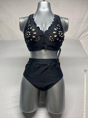 BMJL Black Laser Cut Out High Waisted Bikini Set Scallop Ruffle Swimsuit M 1017